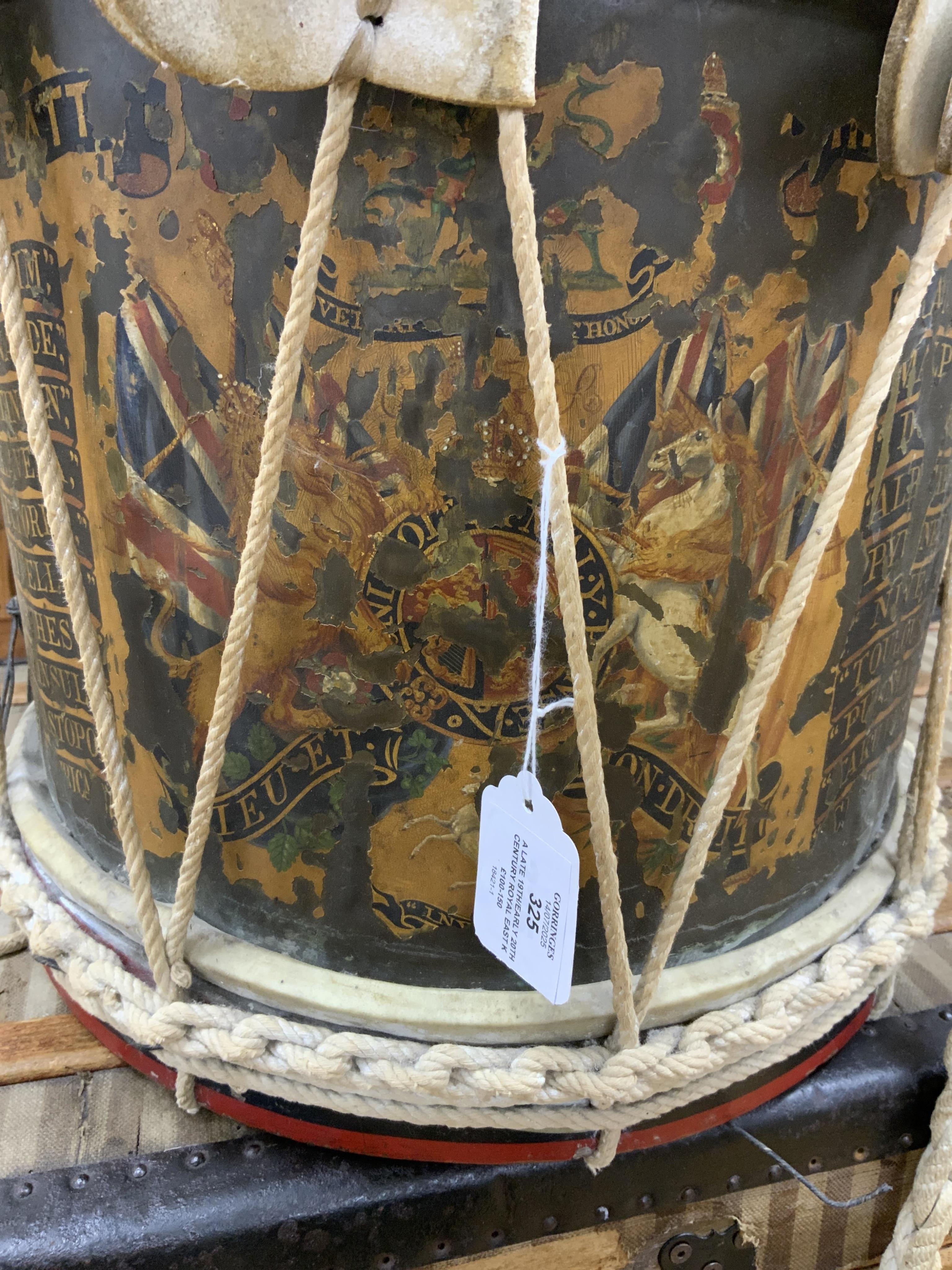 A late 19th/early 20th century Royal East Kent Regiment 'Buffs' regimental drum, 37cm diameter, 37cm high, together with a rope edged, stained pine removable 'table top' adaption